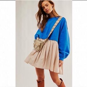 Blue Sweater with Beige Skirt